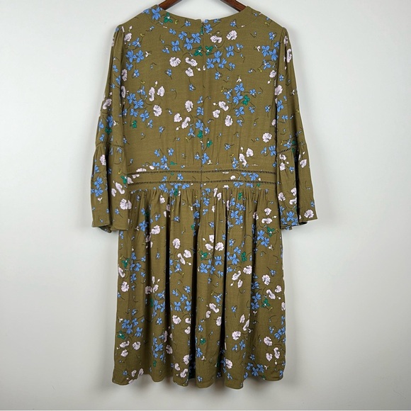 Anne Taylor Green Floral Bell Sleeve Dress Women 14 Lined Fall Eyelet Vneck 0185 - Picture 6 of 9